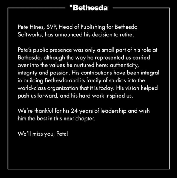 Генеральный директор Bethesda Publishing Пит Хайнс уходит в отставку