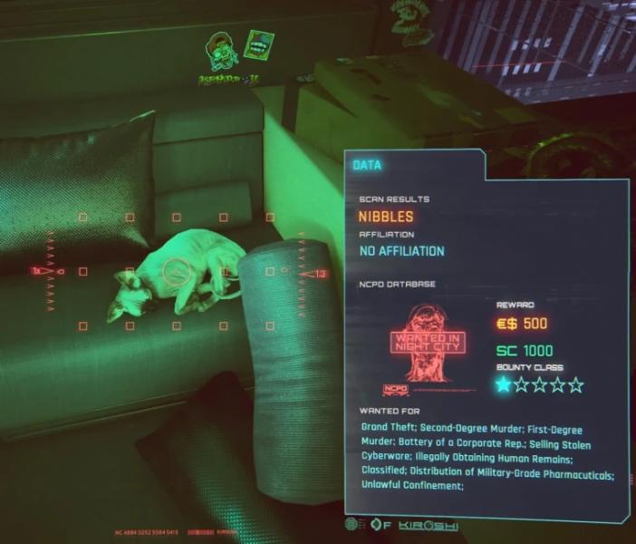 В Cyberpunk 2077 обнаружен кот-преступник — его разыскивают за убийство и грабеж