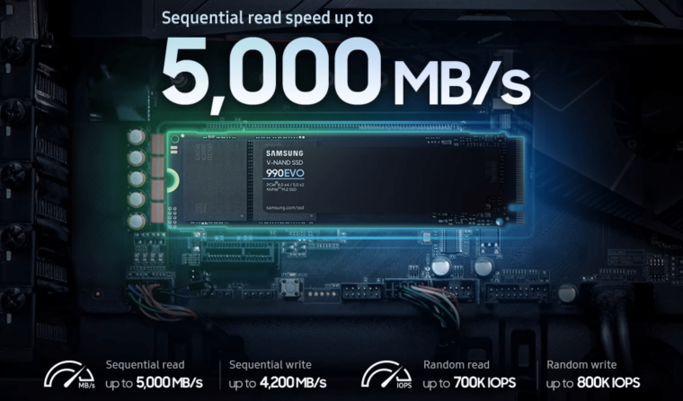 Samsung представила новый гибридный твердотельный накопитель 990 Evo NVMe с интерфейсами PCIe 4.0 x4 и 5.0 x2